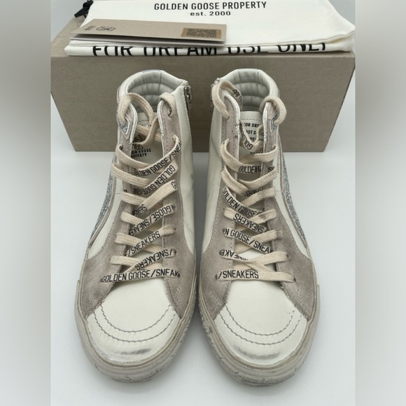 NEW GOLDEN GOOSE HIGH TOP SLIDE ZIP WHITE LEATHER STAR SNEAKERS BOX NIB! - Picture 4 of 11